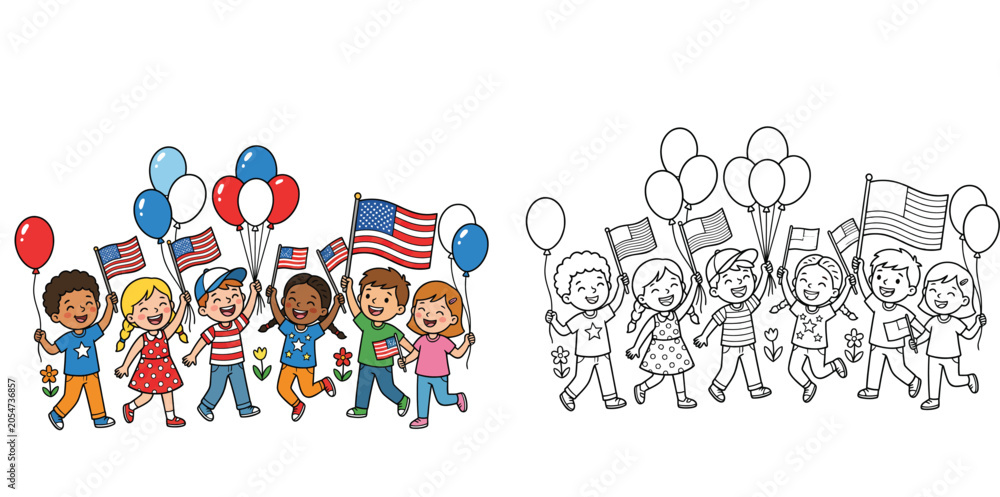 Fototapeta premium Happy Diverse Kids with American Flags and Balloons Coloring Page, Patriotic Independence Day Parade Illustration for Children with Outline Version.