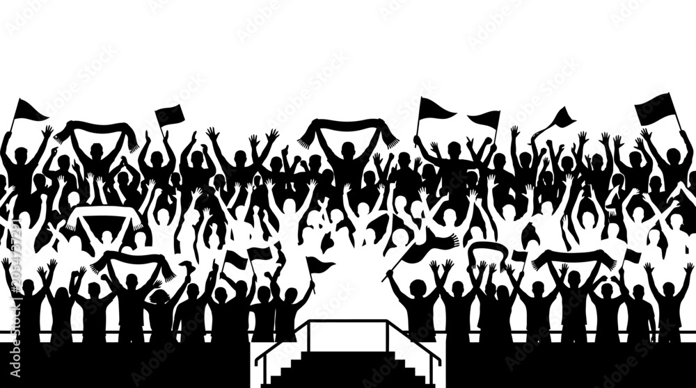 Obraz premium Crowd Cheering at Event, Silhouette Fans with Flags and Banners