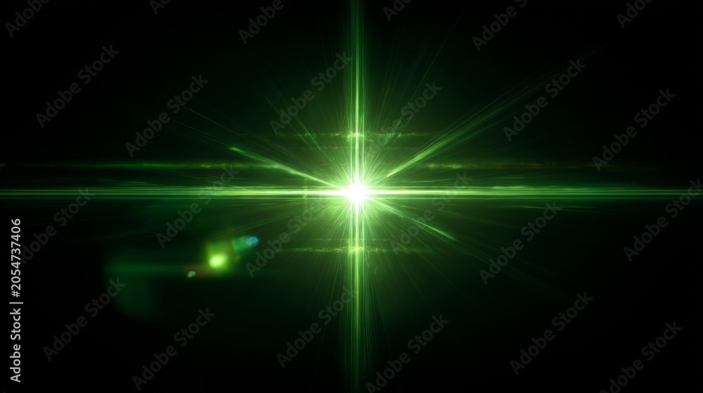 Fototapeta premium Bright green light with beams extending in dark surroundings during nighttime or in a dark space