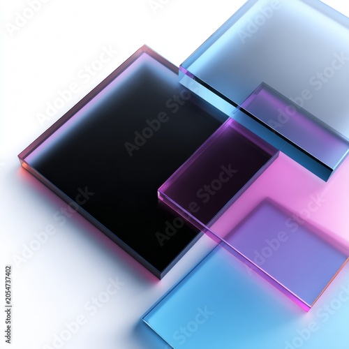 Colorful transparent shapes laid out in a creative design on a light background during daytime