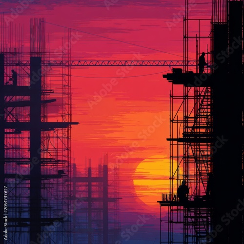 Construction workers build structures at sunset near a city skyline during a warm evening
