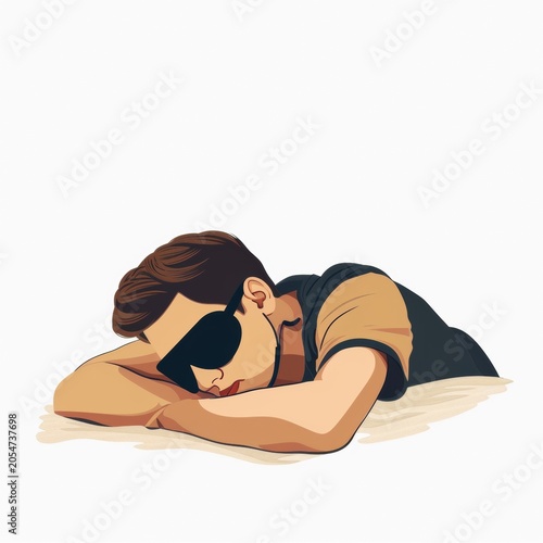 Boy resting on a table with hands folded and wearing dark sunglasses indoors in a simple setting during the day
