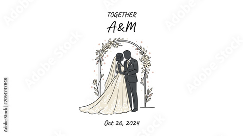 Wedding couple illustration with floral arch.