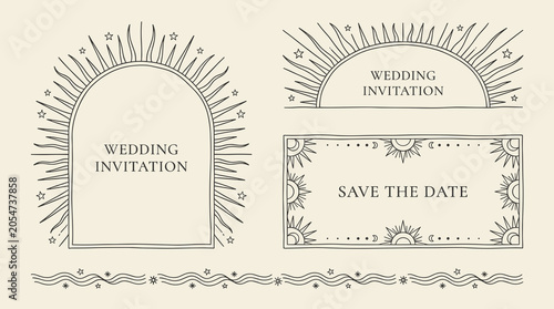 Wedding invitation cards with decorative designs.