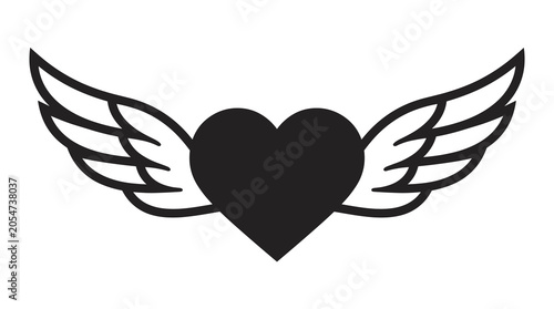 Winged heart symbol with feathers icon.