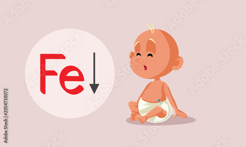 Pale Baby Showing Iron Deficiency Anemia Symptoms Vector Illustration. Medical vector showing a sad infant suffering from low iron and anemia 