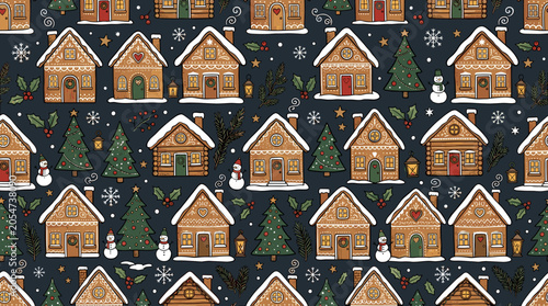Winter holiday houses with snowflakes trees.