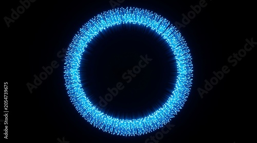 Abstract glowing blue circular arrangement of illuminated fiber optic strands against a dark backdrop