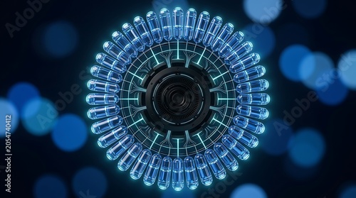 Futuristic circular device with glowing blue elements and interconnected lines against a dark background