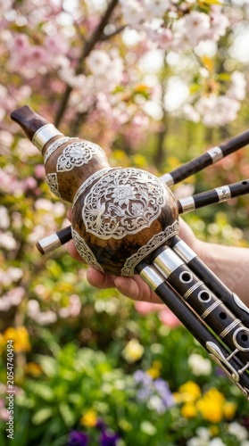 Traditional Chinese Sheng Musical Instrument Held Outdoors with Blooming Cherry Blossoms