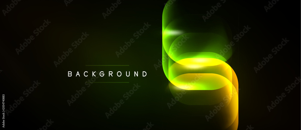 Naklejka premium Abstract neon lines create dynamic flow. Bright yellow, green hues contrast dark background. Modern design element for presentations.