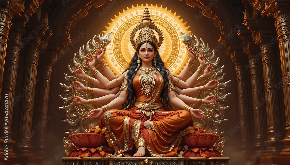 Fototapeta premium Goddess Durga Sitting in Meditative Pose with Multiple Arms, Divine Golden Halo and Pillars, Powerful Hindu Deity Artwork for Navratri and Durga Puja Festivals, Majestic Spiritual Concept