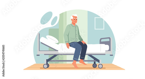 Elderly man sitting on hospital bed, thoughtful, ill health, care concept