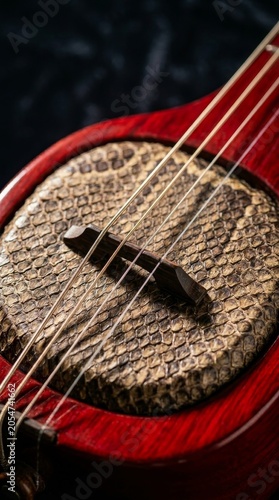Close-up of a Traditional Chinese Erhu Musical Instrument with Red Wood and Natural Skin