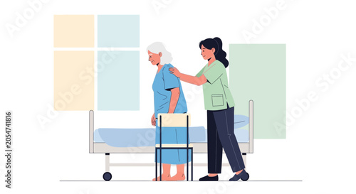 Nurse Assisting Elderly Woman Sit Down Bedside Chair Medical Care
