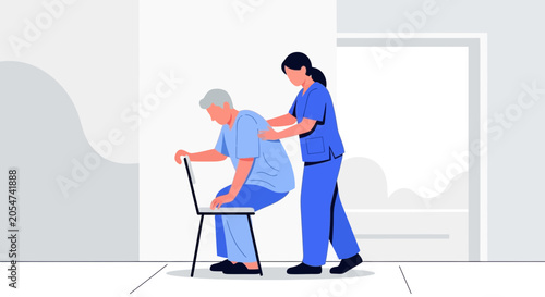 Nurse Assists Elderly Man Sitting on Chair, Healthcare Support and Care Concept