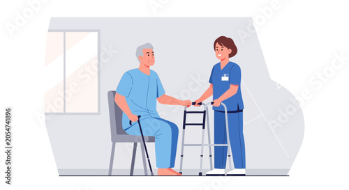 Nurse assists elderly man with walker in hospital room; senior care, rehabilitation
