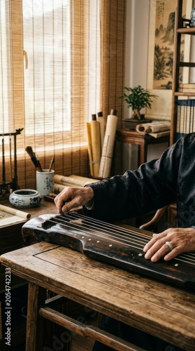 Traditional Chinese Musician Playing Guqin Instrument in a Study Room