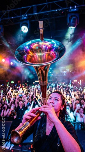 Woman Playing Traditional Chinese Suona Instrument on Stage with Crowd