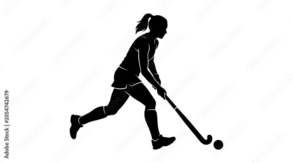 Obraz premium Female Field Hockey Player Silhouette Running with Ball and Stick