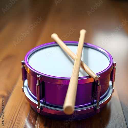 shiny metallic purple toy drum with two wooden drumsticks