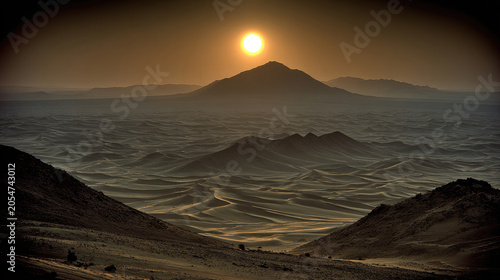 Golden Sunrise Over Mountainous Desert Landscape A Serene Vista.