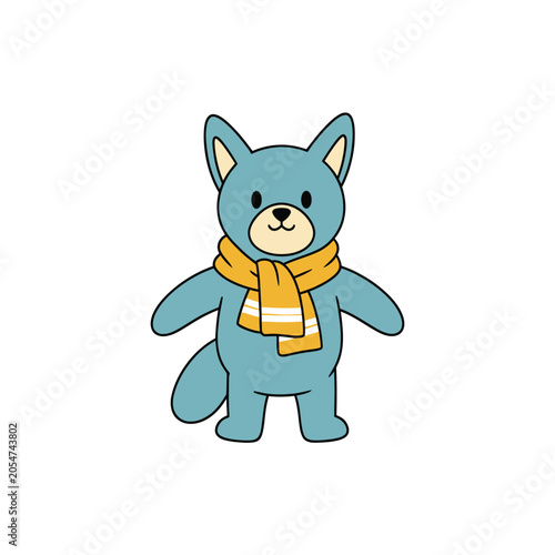 Cute cartoon blue cat wearing scarf.