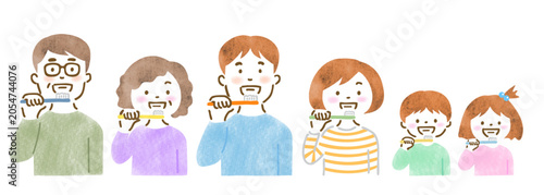 歯磨きする三世代家族（老若男女）のイラスト