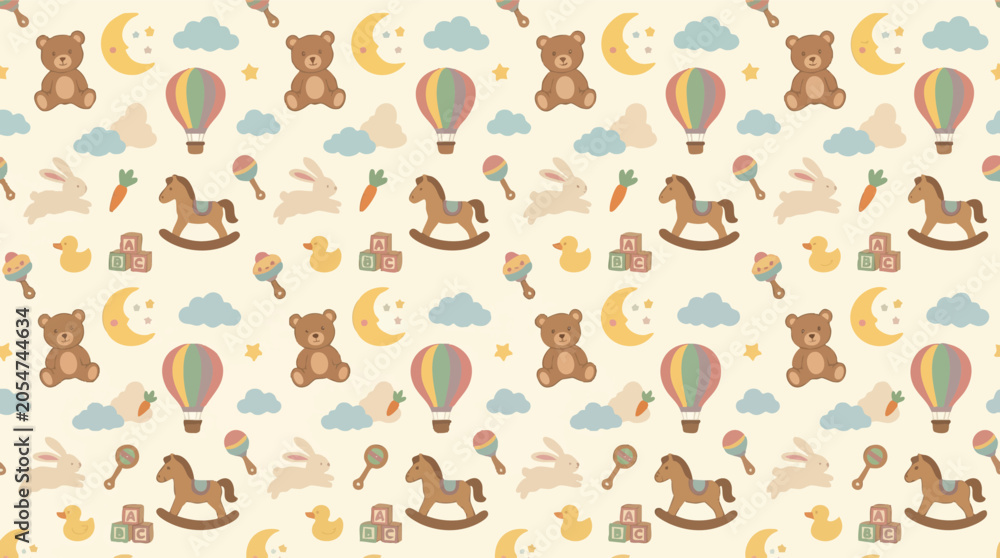 Fototapeta premium Premium Seamless Nursery Pattern Design with Sweet Baby Toys and Playful Motifs for Children's Decor
