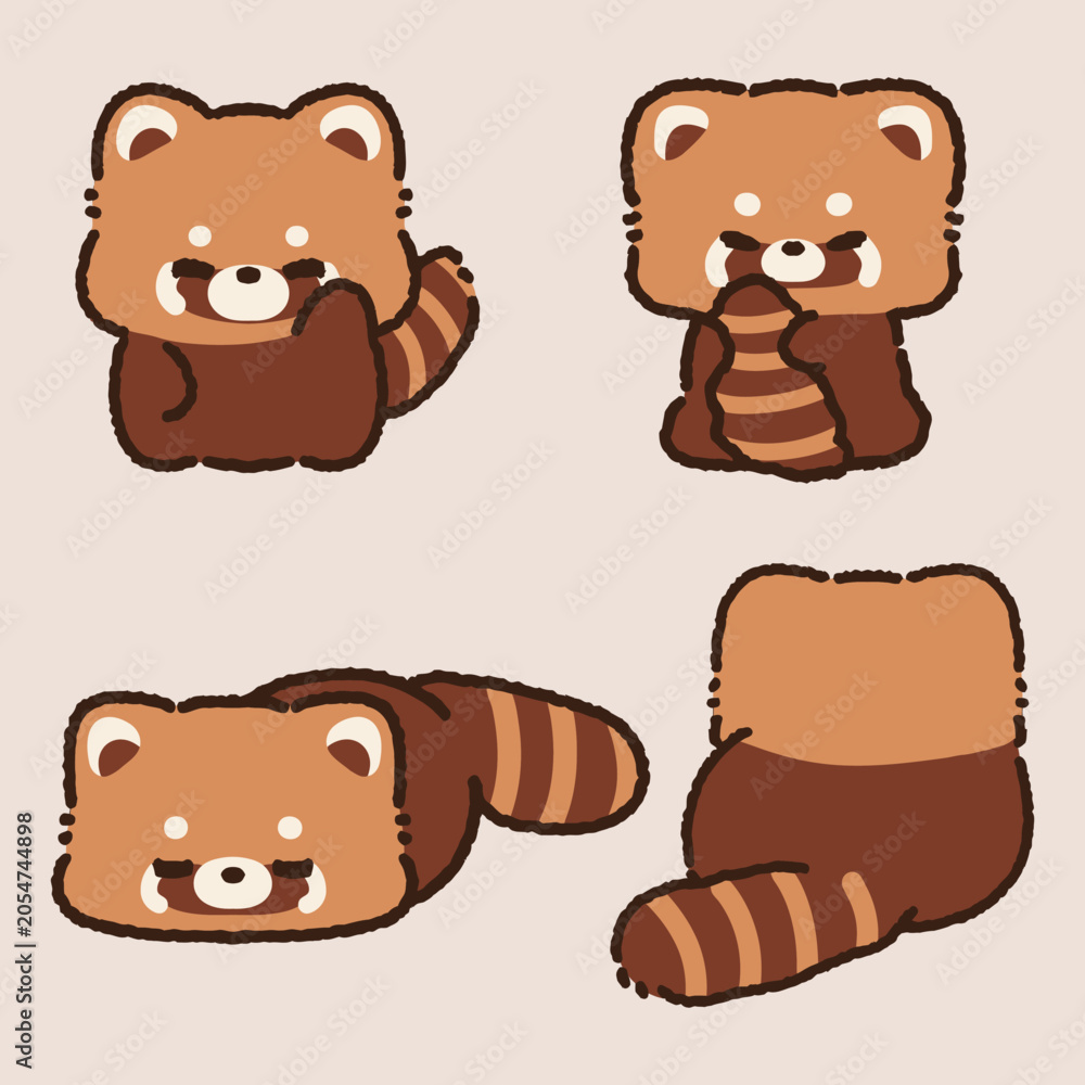 Fototapeta premium Cute Kawaii cartoon red panda illustration set