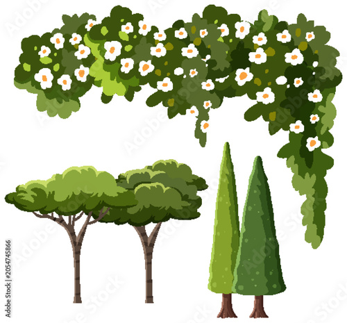 Mediterranean Style Garden Plants and Trees Vector Illustration Set