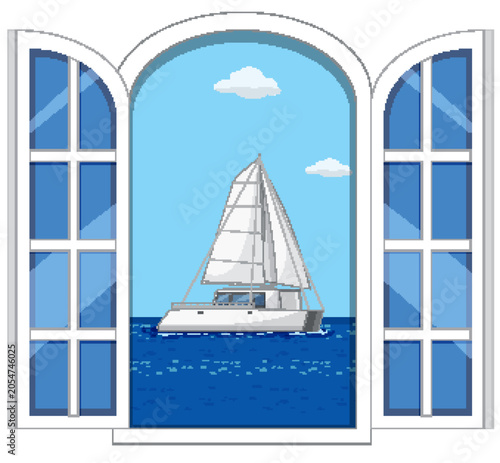 White Sailboat on Blue Sea Viewed Through Arched Window Frame