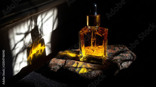 Golden elixir A bottle of essential oil bathed in sunlight.