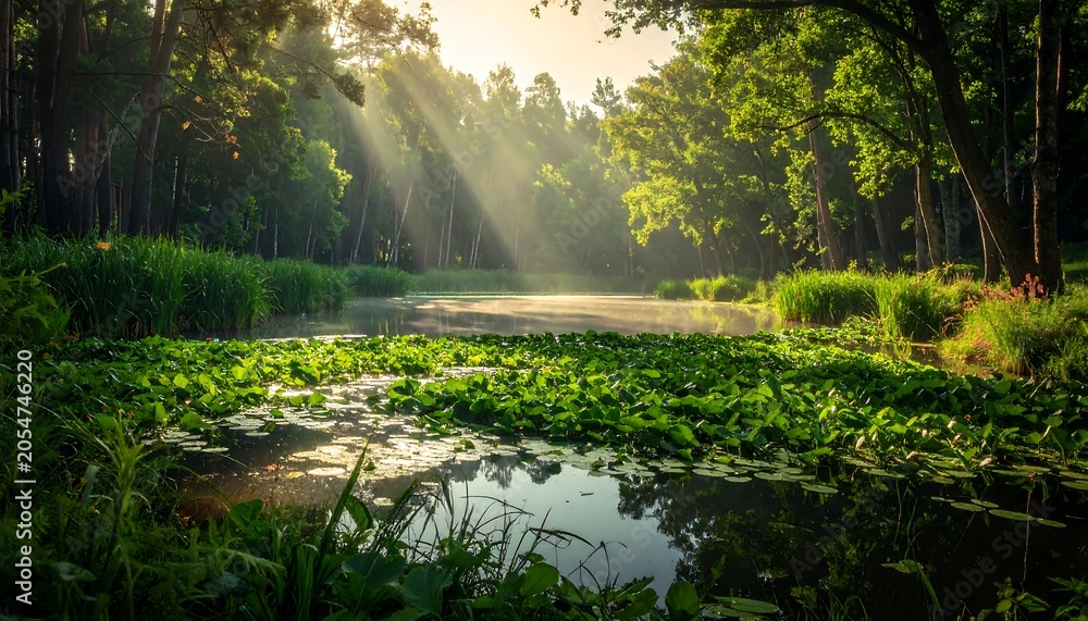 Fototapeta premium Lush Forest Pond Glowing with Sunbeams in Tranquil Morning Light
