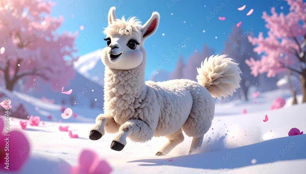 Obraz premium A white llama runs through snowy landscape.