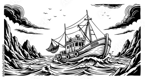 Foto Vintage style black and white illustration of a fishing boat navigating rough seas between rocky shores under a stormy sky
