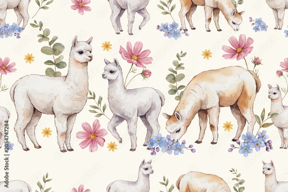 Fototapeta premium Seamless pattern featuring cute white alpacas, soft pink cosmos flowers, small blue forget-me-nots, and green eucalyptus leaves on cream