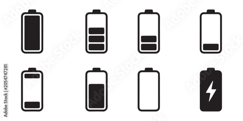 Collection of battery icons demonstrating different charge levels and states from empty to full with power symbol.