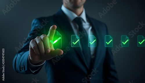Businessman Touching Glowing Green Checkmark Icon on Virtual Screen: Concept of Project Approval, Quality Assurance, and Checklist Completion