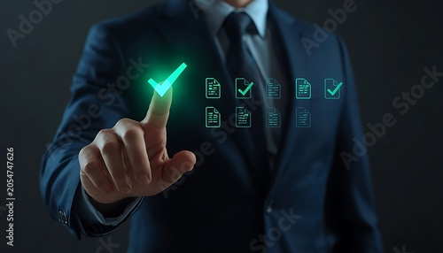 Businessman Touching Glowing Green Checkmark Icon on Virtual Screen: Concept of Project Approval, Quality Assurance, and Checklist Completion