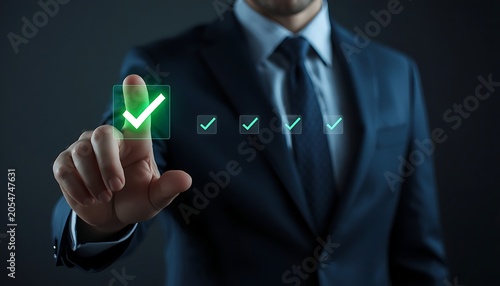 Businessman Touching Glowing Green Checkmark Icon on Virtual Screen: Concept of Project Approval, Quality Assurance, and Checklist Completion