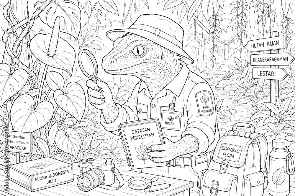 Fototapeta premium A frog explorer examines a leaf with a magnifying glass in the jungle.