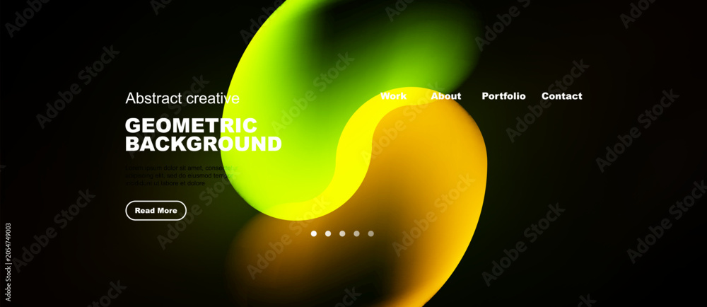Naklejka premium Abstract design features vibrant color gradients, geometric shapes, text elements, dark background. Modern aesthetic for website or presentation.