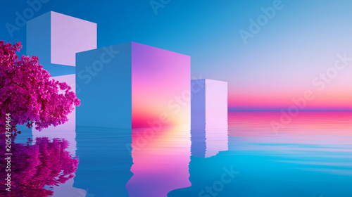 city skyline reflected iSurreal abstract landscape with geometric blocks and blooming pink tree over calm water at sunsetn water