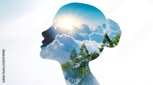 Conceptual silhouette of a human profile with a nature collage: sun, clouds, forest and blue sky harmony