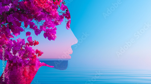Conceptual silhouette of a woman profile with blooming bougainvillea flowers: beauty, harmony and inner calm