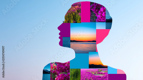 Conceptual human profile silhouette with nature collage: harmony, inner peace and environmental awareness