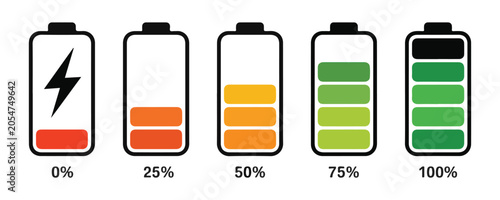 Tableau sur toile Universal battery level icons with percentage marks showing charge status from zero to hundred percent