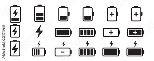 Canvastavla Collection of black battery icons for interface design including charge status and lightning symbols