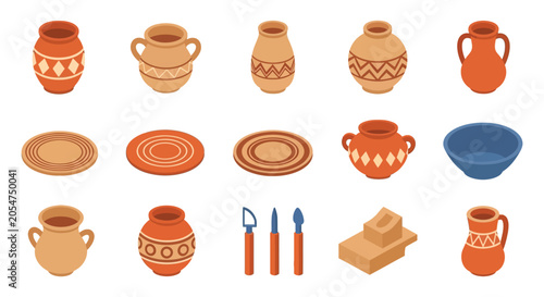 Foto Collection Of Ceramic Vessels And Pottery On A White Background